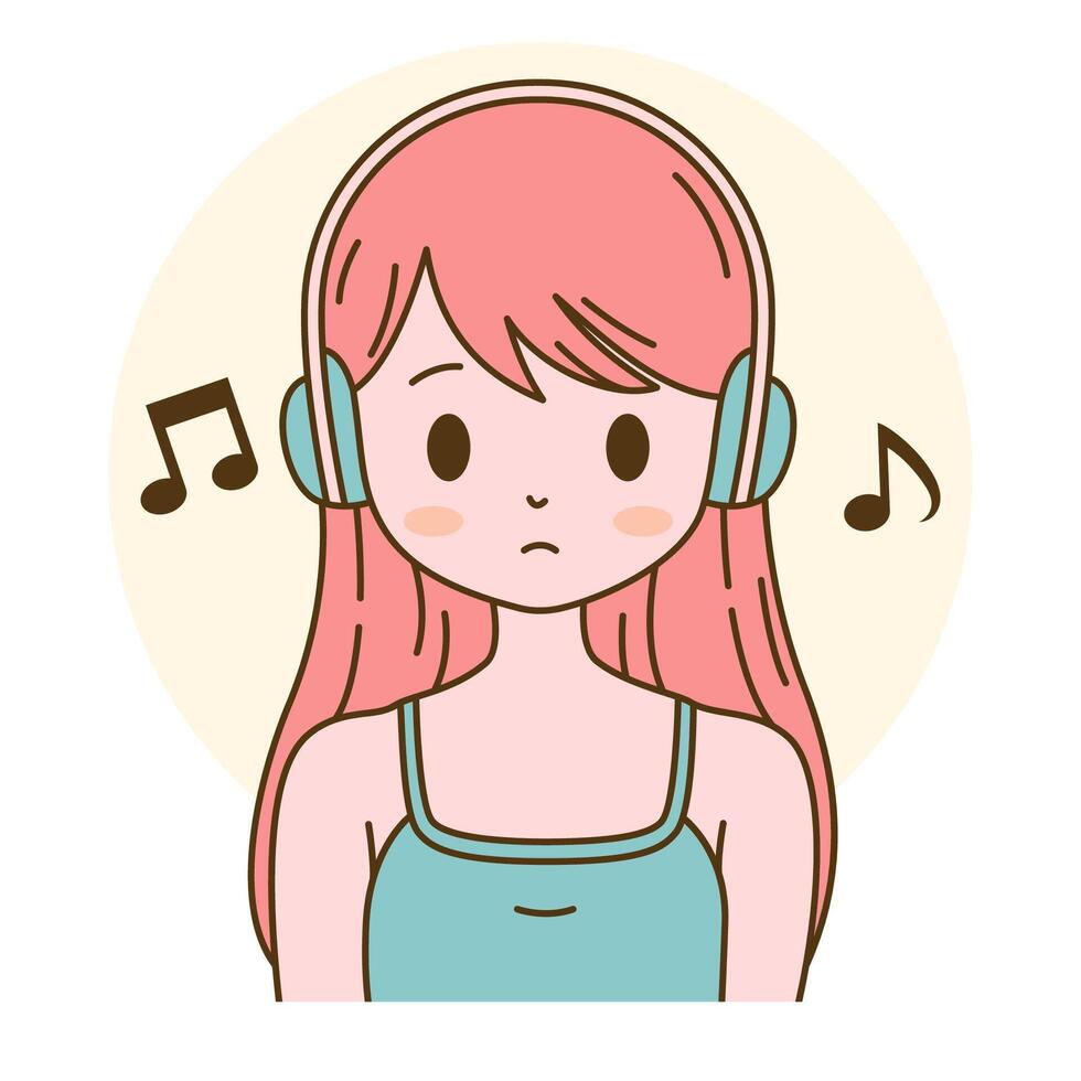Cute Beautiful Girl Cartoon Character Listening Music Using Headphone with Sad Expression vector