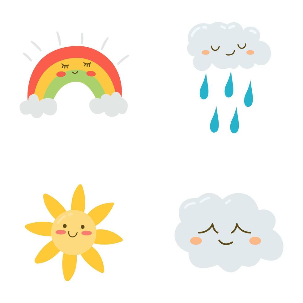 Set of Cute Rain Cloud Rainbow Sun Character in the Sky vector