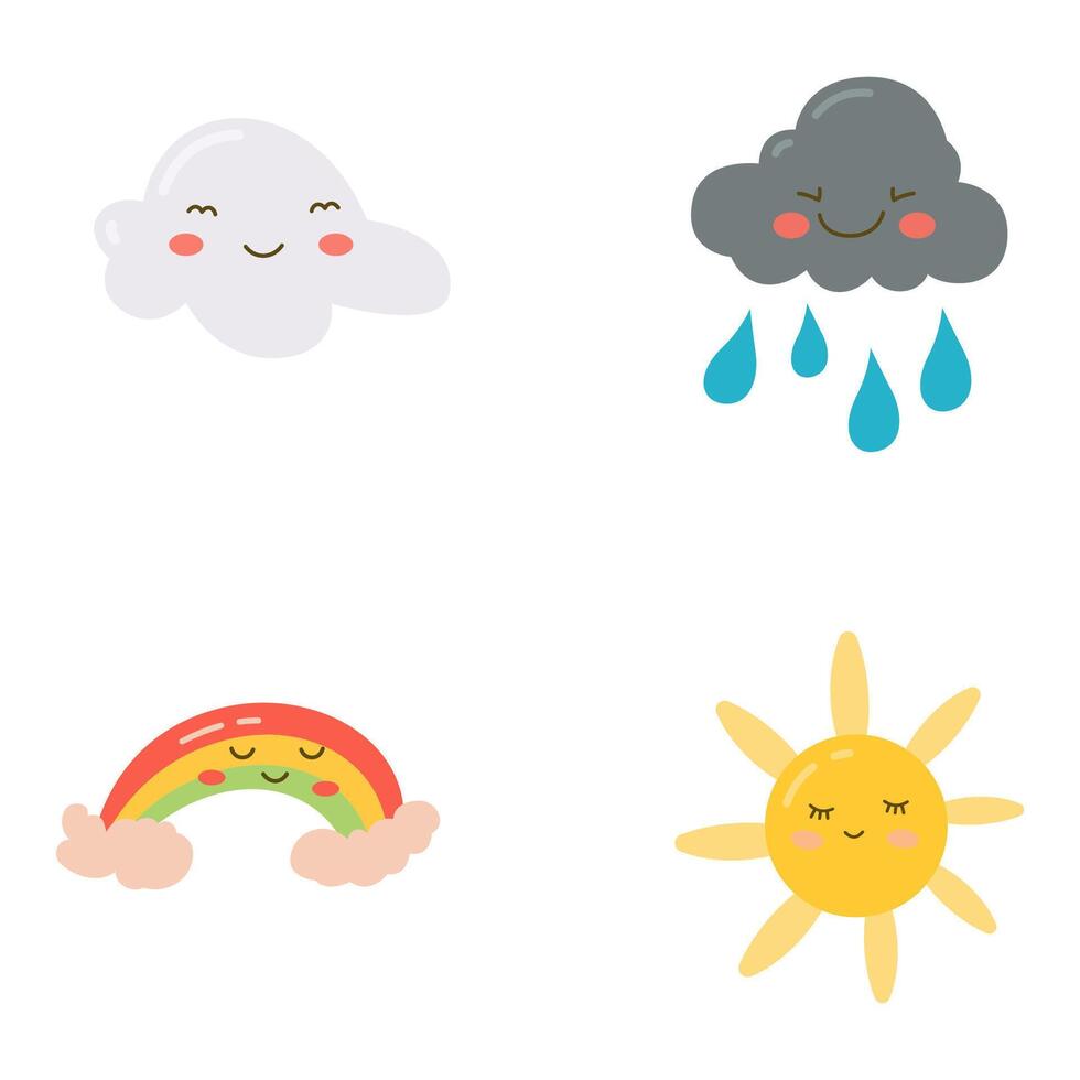 Set of Cute Rain Cloud Rainbow Sun Character in the Sky vector