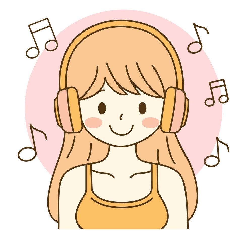 Cute Beautiful Girl Cartoon Character Listening Music Using Headphone with Happy Expression vector