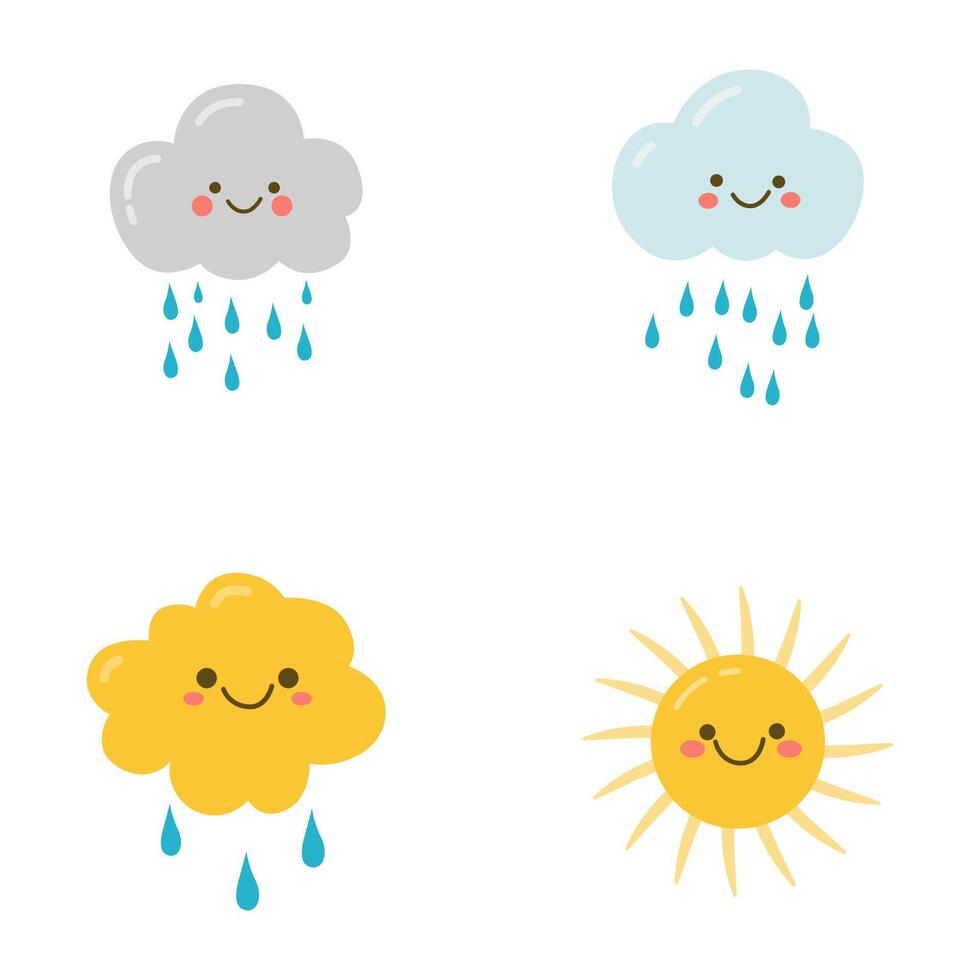 Set of Cute Rain Cloud Sun Character in the Sky vector