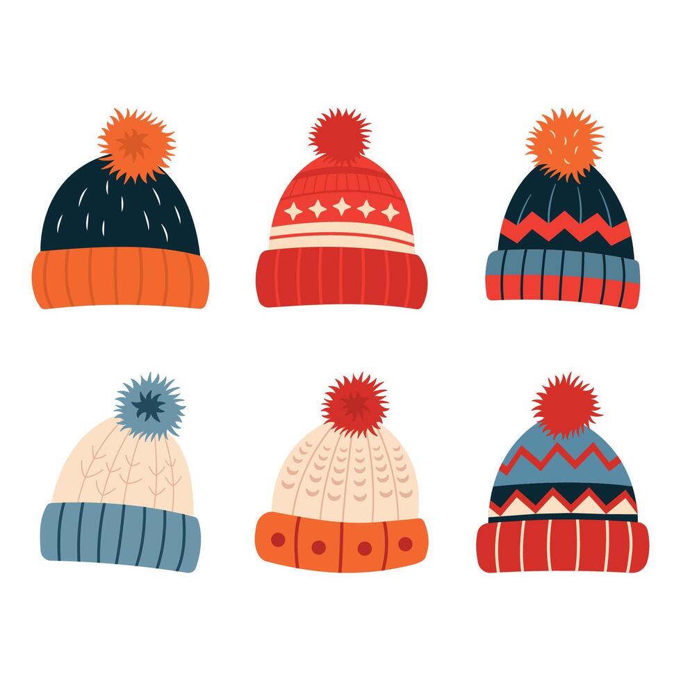 Collection of Funny Warm Winter Knitted Wool Hat with Pom Pom Ball vector