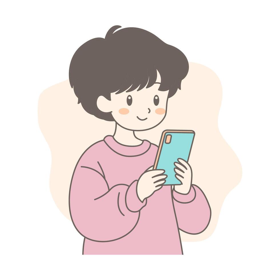 Cute Boy Cartoon Character Playing Gadget with Happy Expression vector