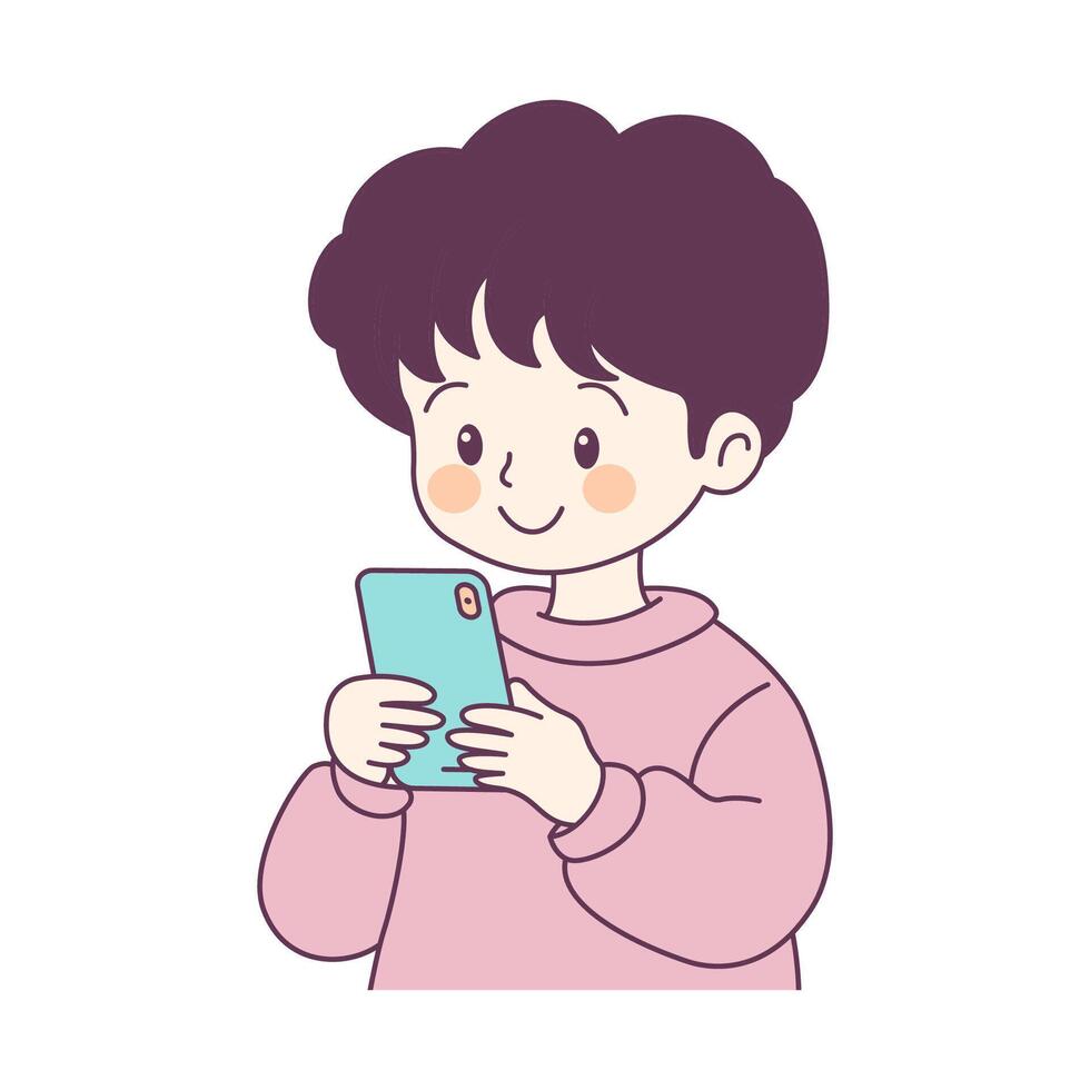Cute Boy Cartoon Character Playing Gadget with Smile Expression vector