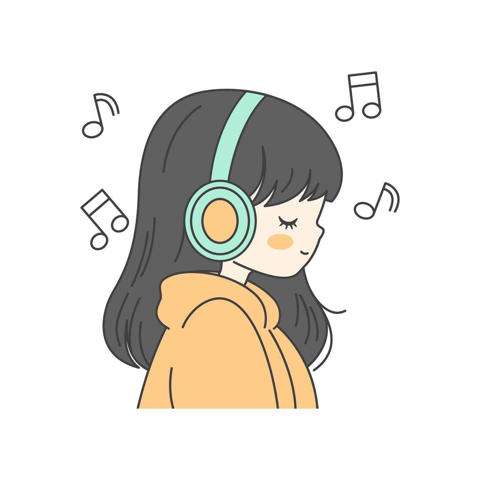 Cute Girl Cartoon Character Listening Music Using Headphone with Sad Expression vector