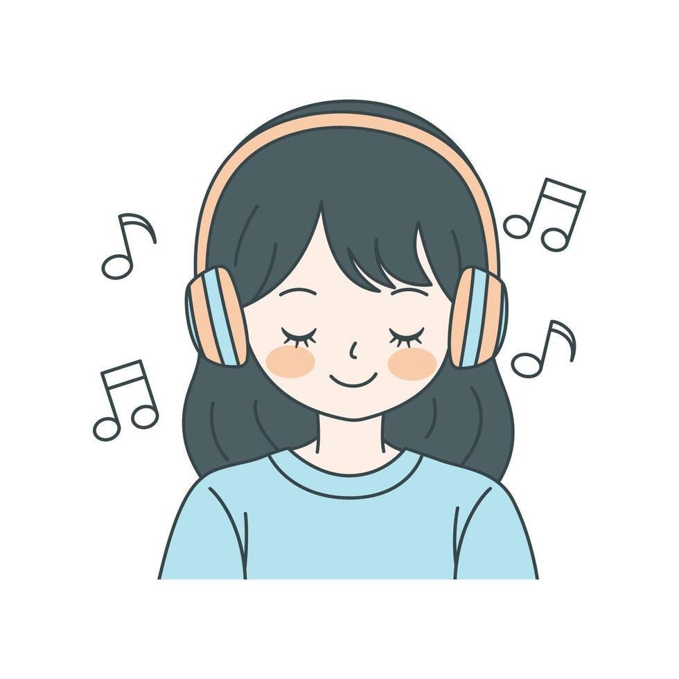Cute Girl Cartoon Character Listening Music with Headphone While Smiling vector