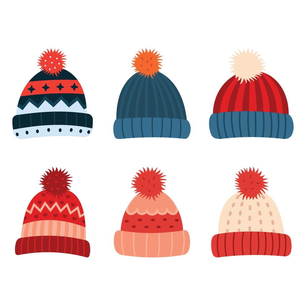 Collection of Cute Christmas Warm Winter Knitted Wool Hat with Pom Pom Ball vector