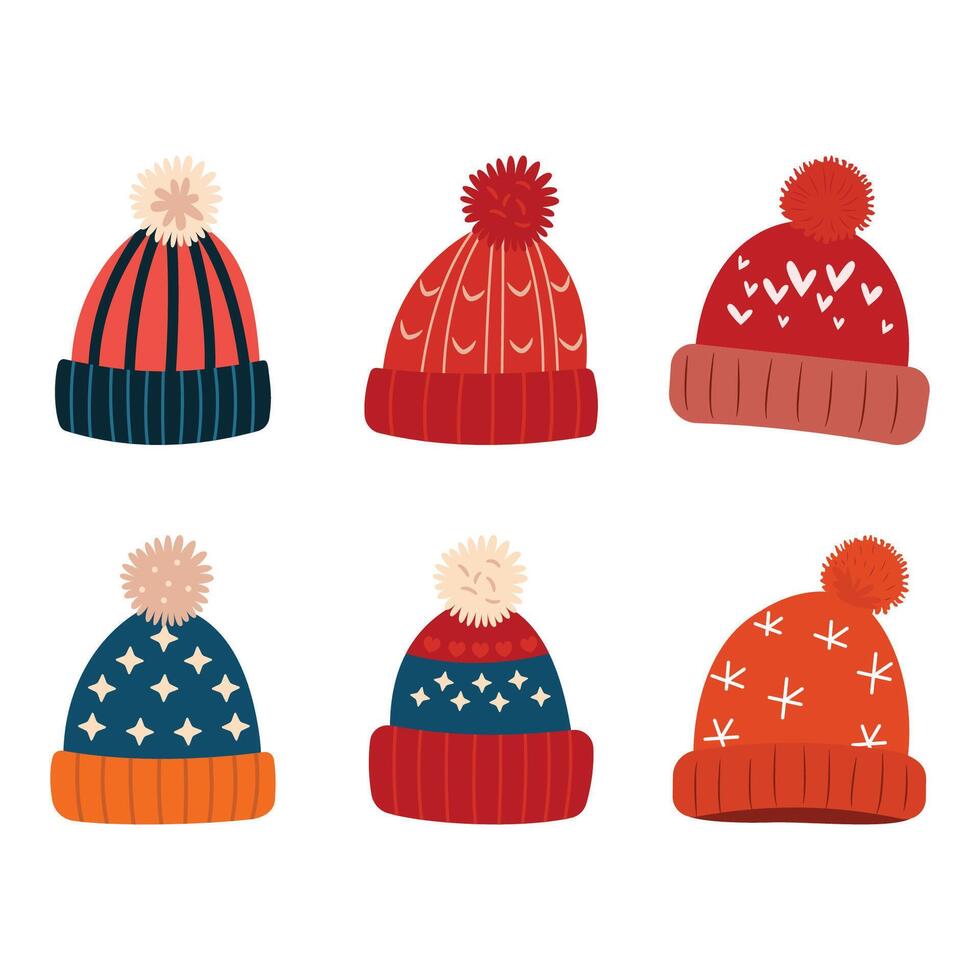 Collection of Cute Warm Winter Knitted Wool Hat with Pom Pom Ball vector