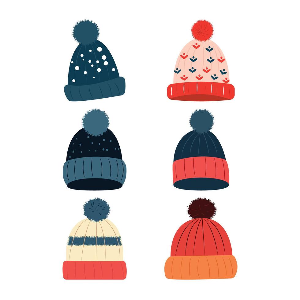 Collection of Cute Warm Winter Season Knitted Wool Hat with Pom Pom Ball vector