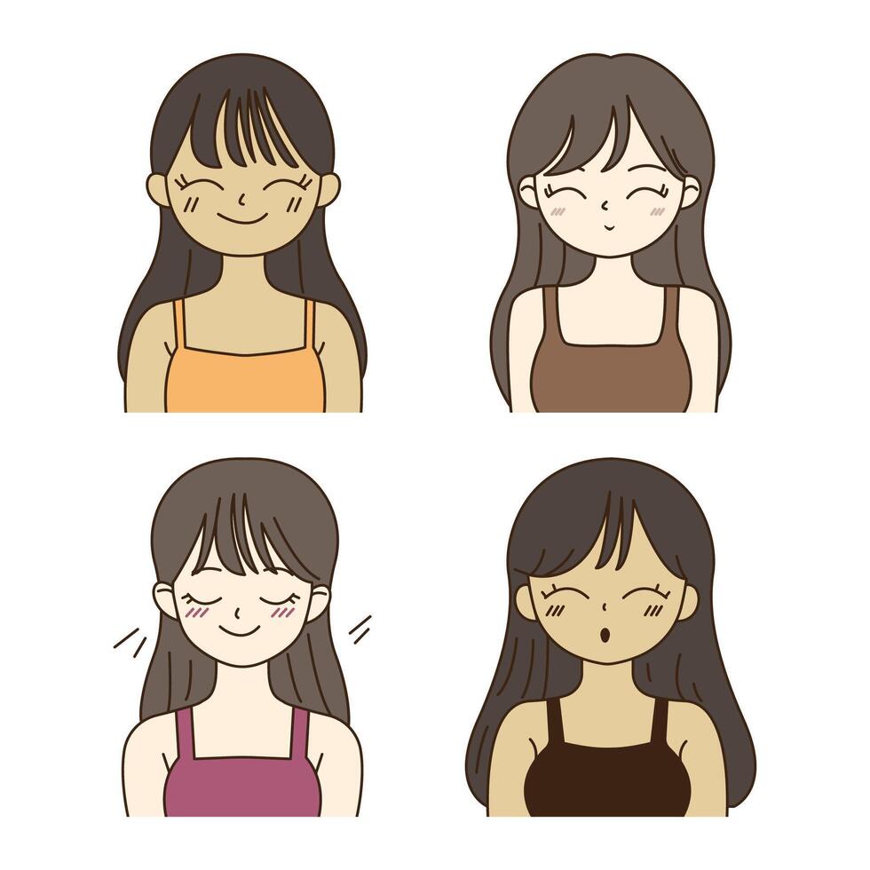 Collection of Long Haired Beautiful Cute Girl Cartoon Character with Smiling Expression vector