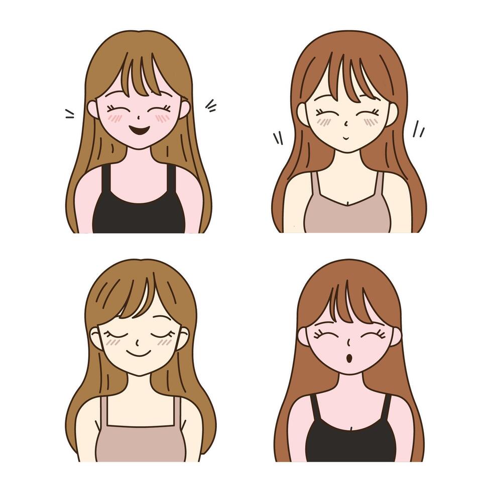 Collection of Long Haired Beautiful Girl Cartoon Character with Smiling Expression vector