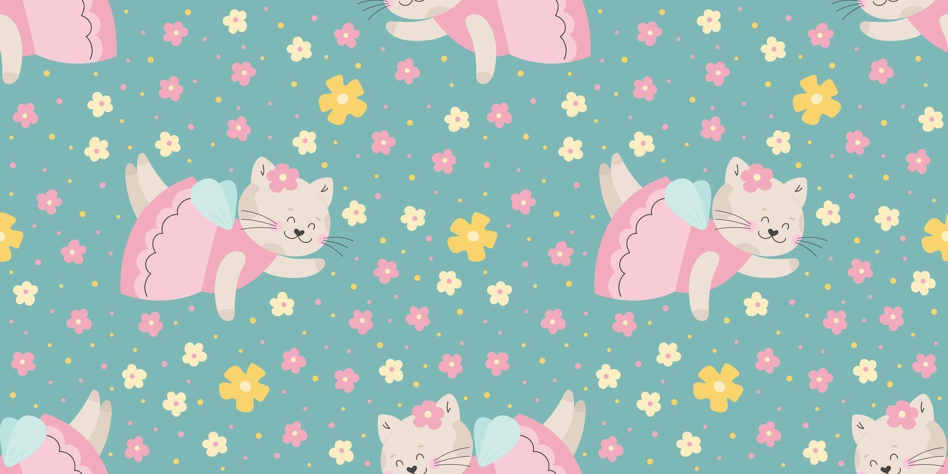 Fairy tale cat with flowers seamless pattern vector