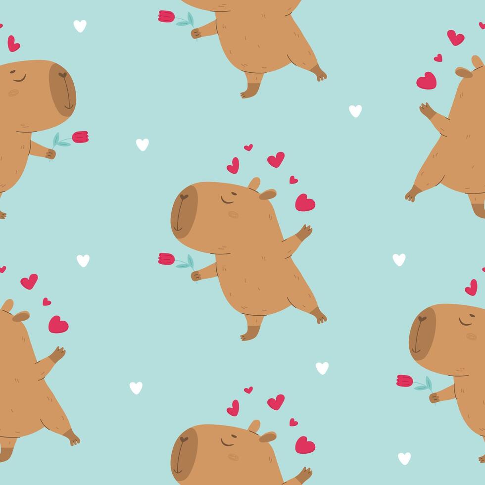 Lovely capybara with flower seamless pattern vector