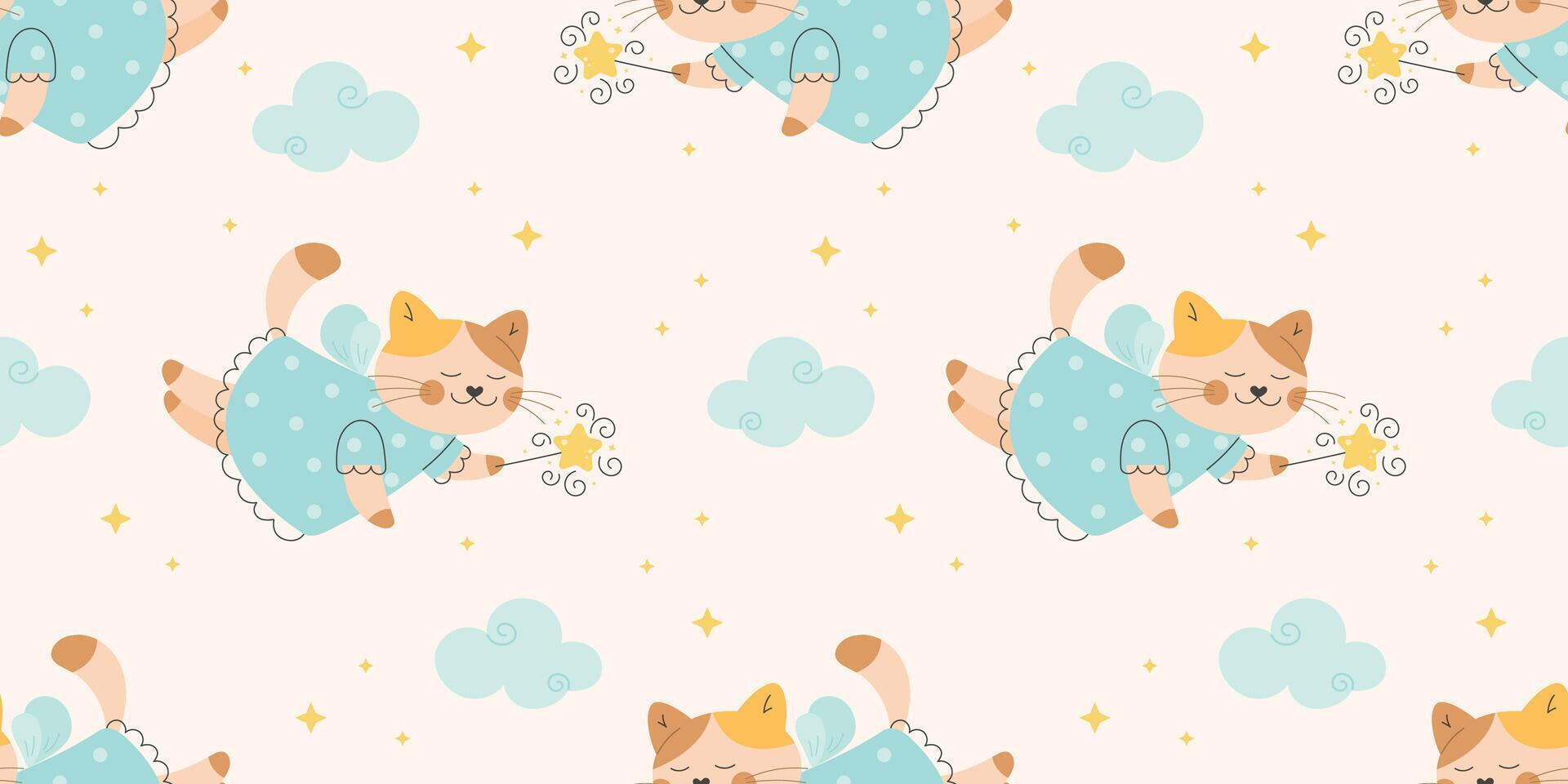 Fairy tale cat with a magic wand seamless pattern vector