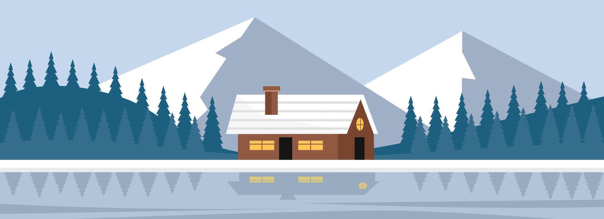 Home in the winter hill. Home beside the river and mountain. Mountain in the winter season. Winter landscape. vector
