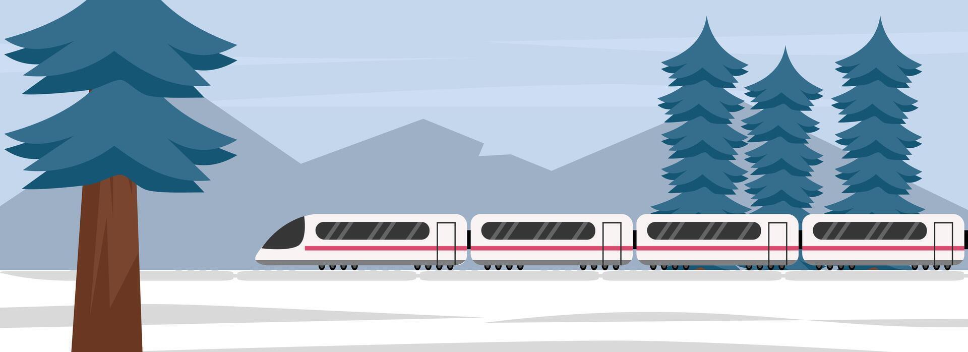 Winter train illustration. Train in the winter season. Train through the snowfall. Winter landscape. Subway winter. Tram in the winter. Public transport. Winter transport. vector