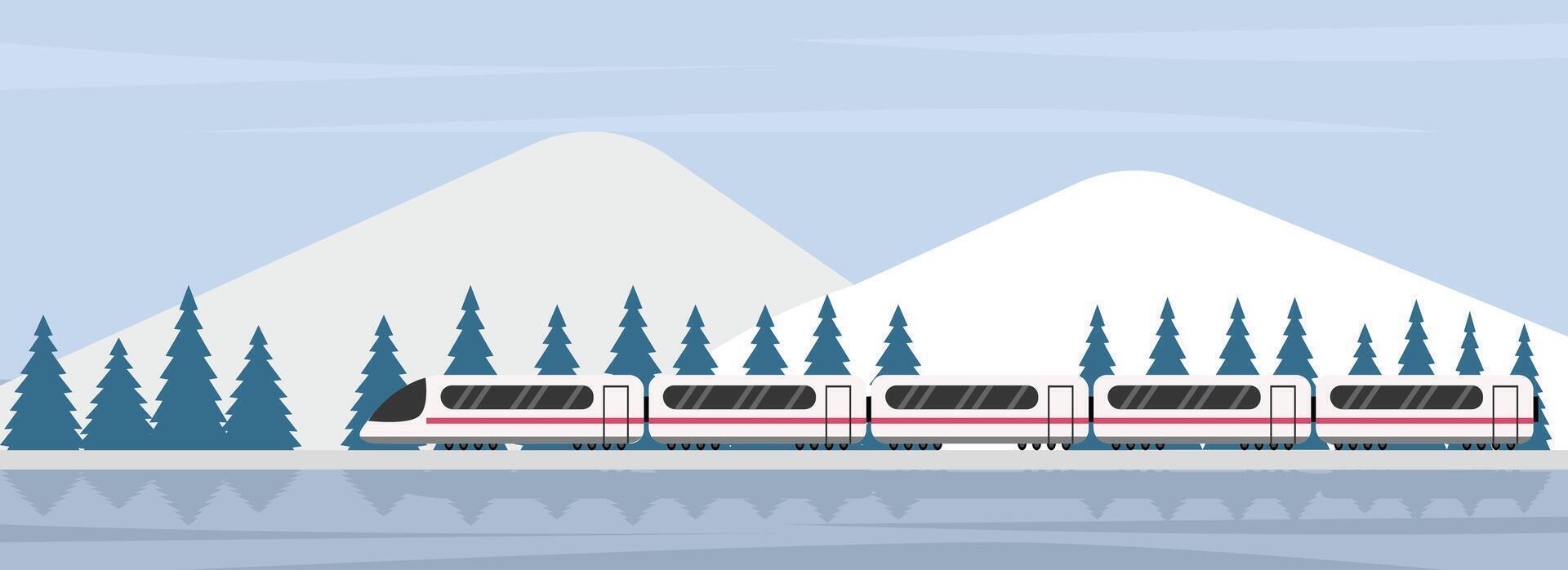 Train through mountain and river. River in the winter season. Subway through the snow. Winter landscape. High speed train in the winter. vector