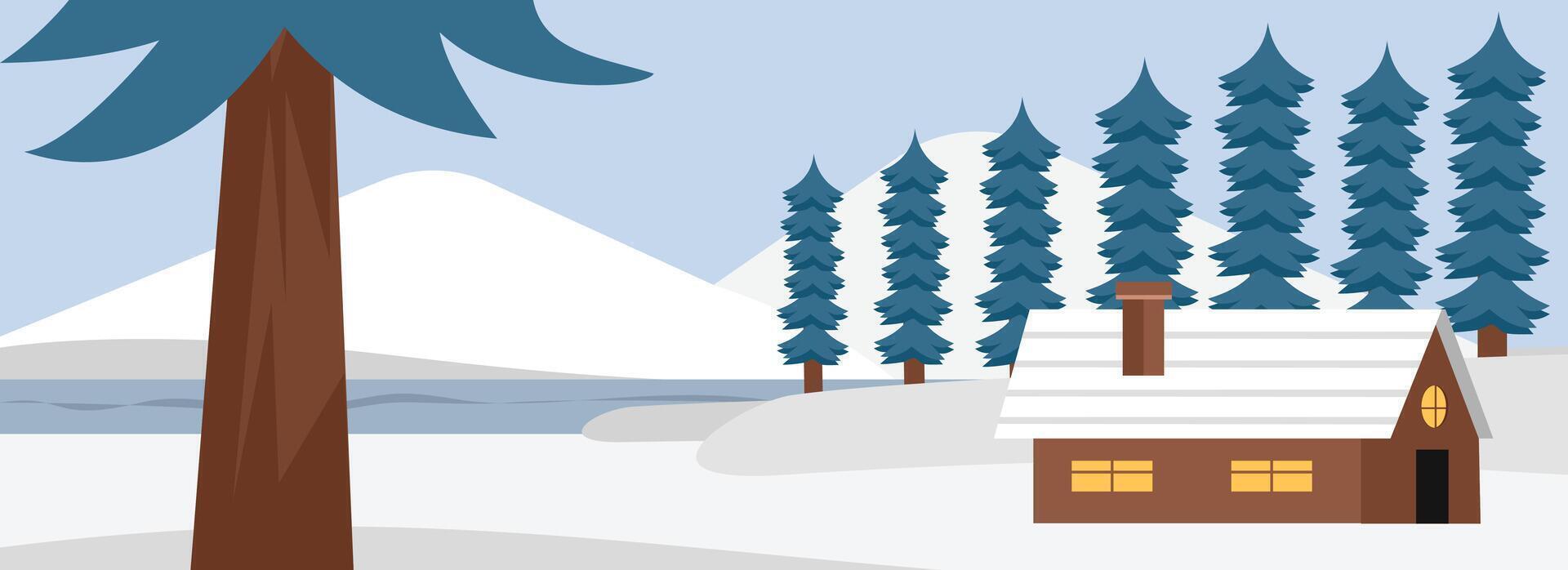 Winter house landscape. Wooden house in the middle of forest. Winter landscape. Home beside the river in the forest. vector
