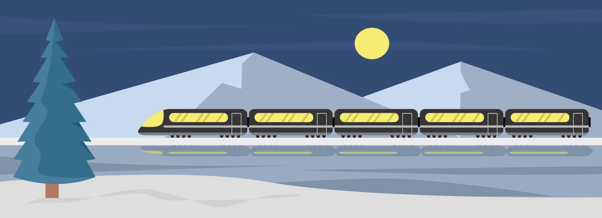 Train passing through the snow at night. High speed train in the winter season. Winter train rides. snowy mountain train. Train through snowy mountain. vector
