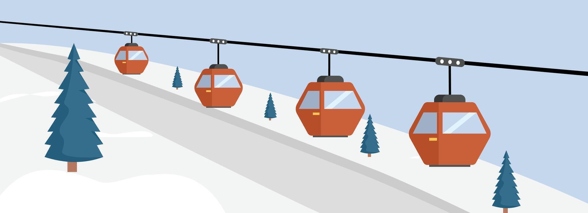 Sky lift in the winter season. Cable car illustration. Sky lift transport. Mountain transport. Cable car through mountain and the hill. Winter landscape. Winter illustration. Winter trees. vector