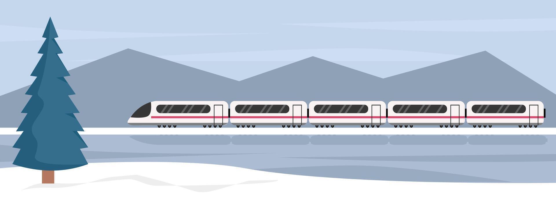 Winter through the snow. Winter train illustration. Winter through the mountain. Public transportation. Train in the winter season. Subway in the winter season. Tram public transport. Winter scenery. vector