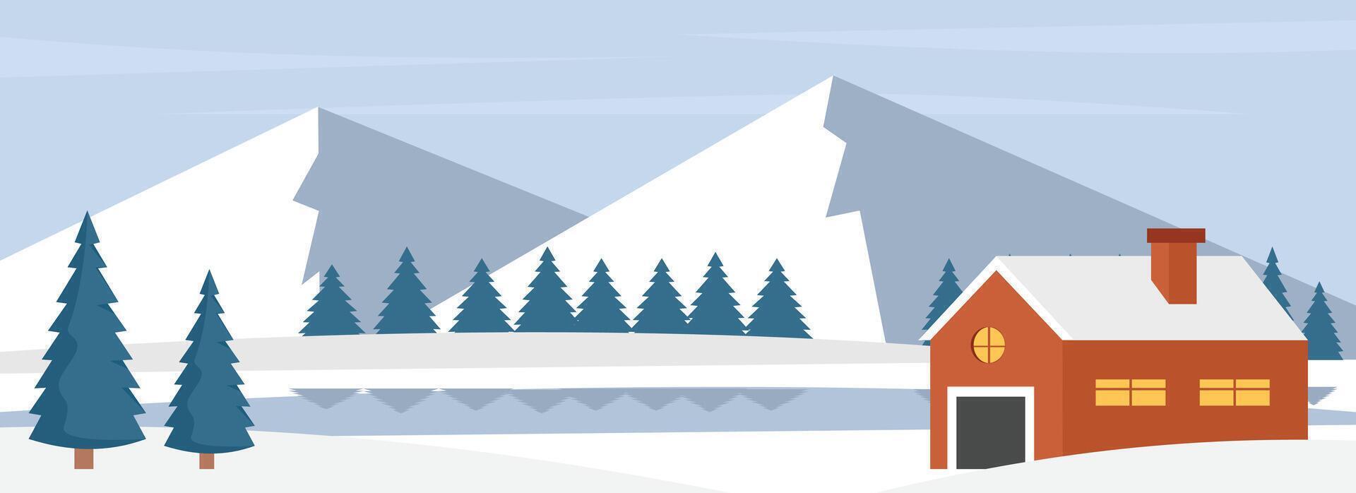 Home beside lake in the winter season. Winter landscape. Home facade winter. Winter land. Home on the hill. vector