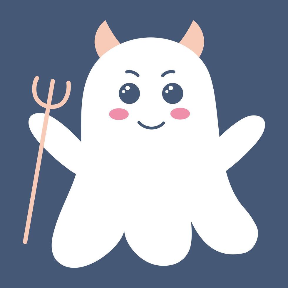 Cute ghost with devil horns and trident. Spooky funny Halloween character. flat hand drawn illustration. vector
