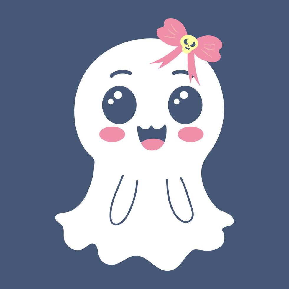 Cute girl ghost with bow. Spooky funny Halloween character. flat hand drawn illustration. vector