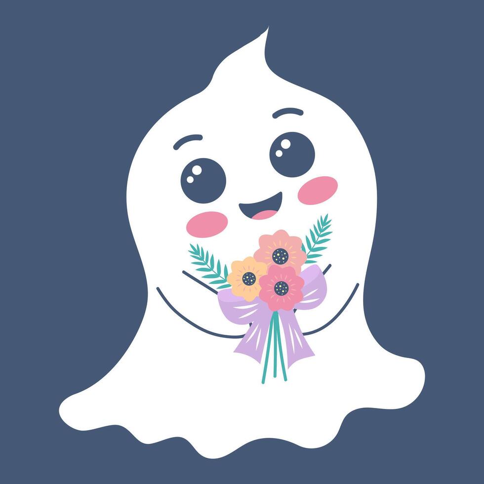 Cute ghost with bouquet of flowers. Spooky funny Halloween character. flat hand drawn illustration. vector