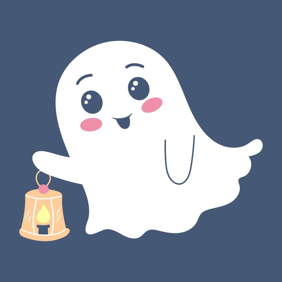 Cute ghost with lantern. Spooky funny Halloween character. flat hand drawn illustration. vector