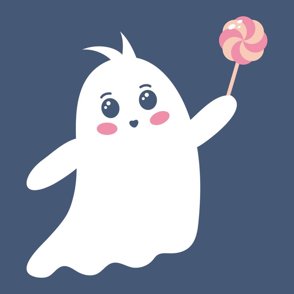 Cute ghost with lollipop. Spooky funny Halloween character. flat hand drawn illustration. vector