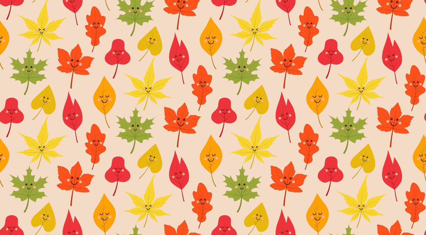Cute kawaii autumn leaf seamless pattern on beige background vector