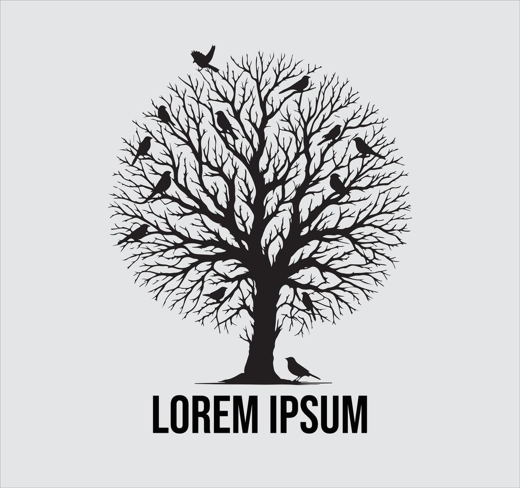 Tree with birds and branches on a white background vector
