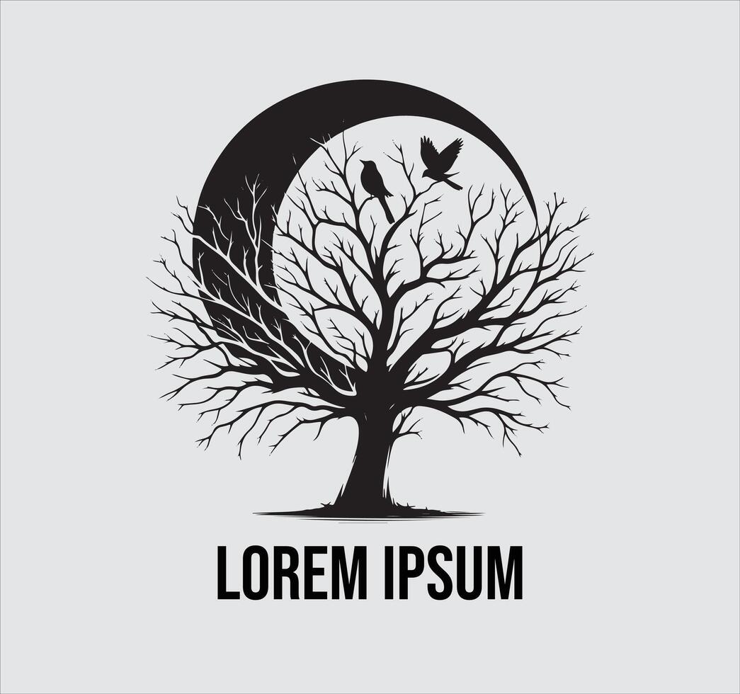 Tree with bird and moon logo design vector