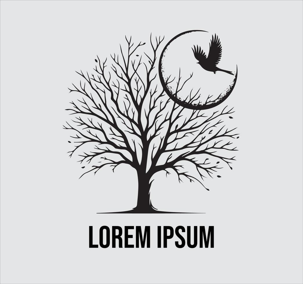 A tree with a bird flying over it and a moon on the background vector