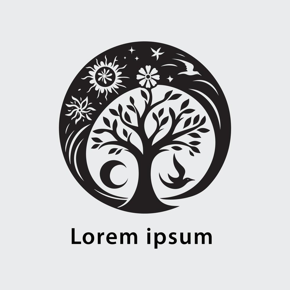The yin yang symbol with a tree and birds vector