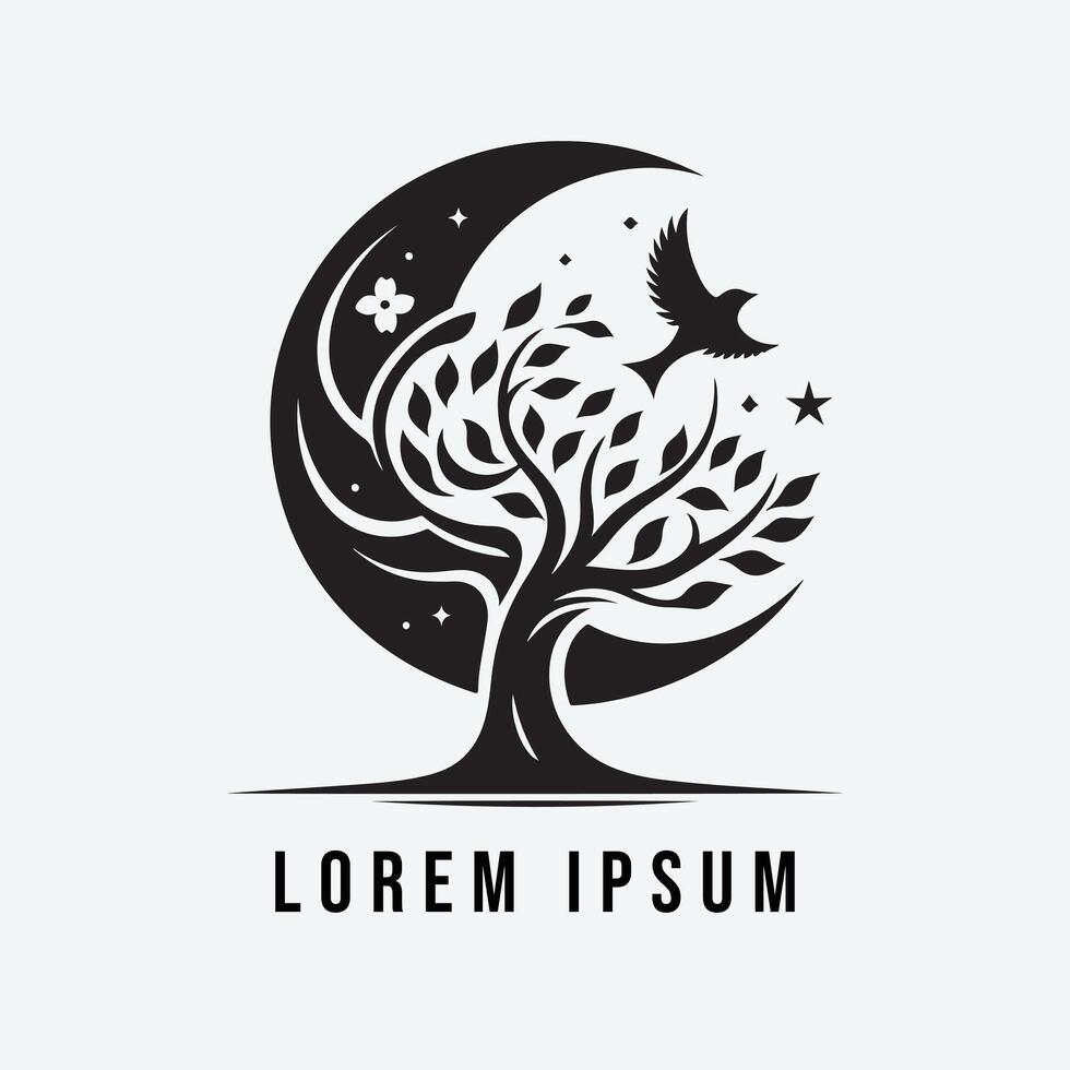 A black and white logo with a tree and a bird vector