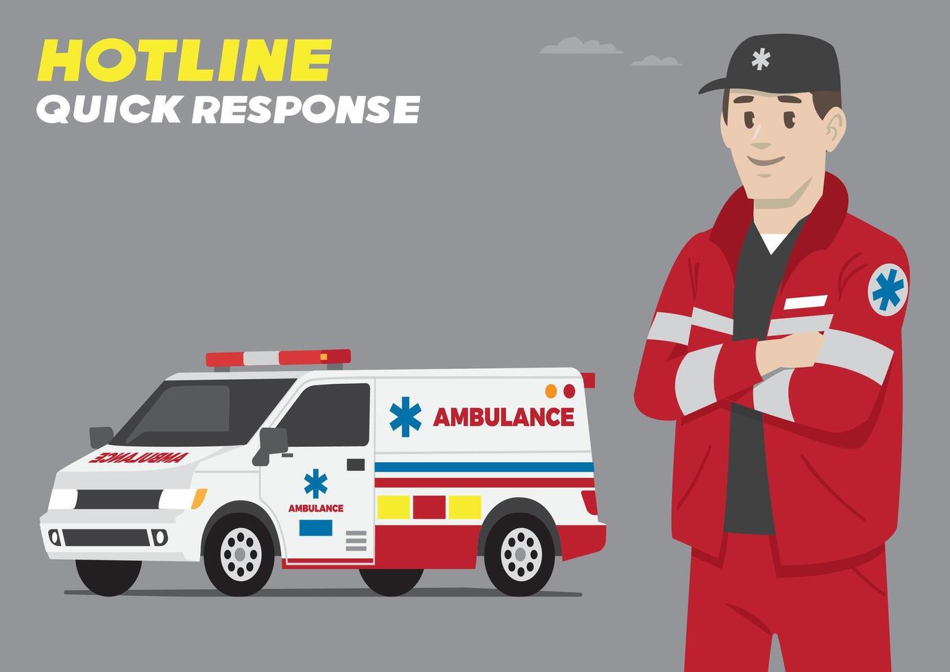 medical service man with work hat and red jacket and side promotion campaign standing in front of car with call number for quick response call vector