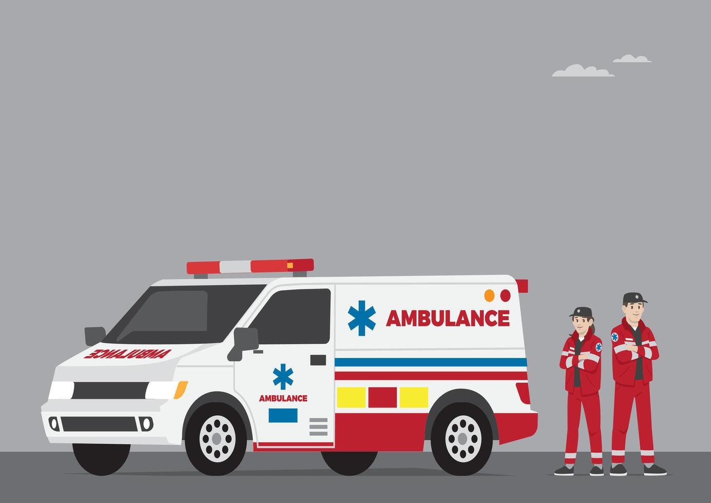 medical service man and woman with hat and red work jacket and side promotion campaign standing in front of car with call number for quick response call vector