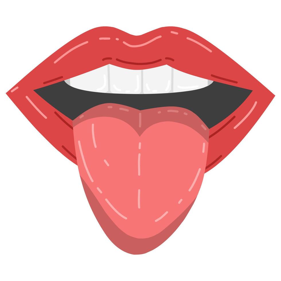 Red lips with highlight and shadow to give a three-dimensional look. The mouth is slightly open, showing the upper teeth, and the tongue sticks out vector