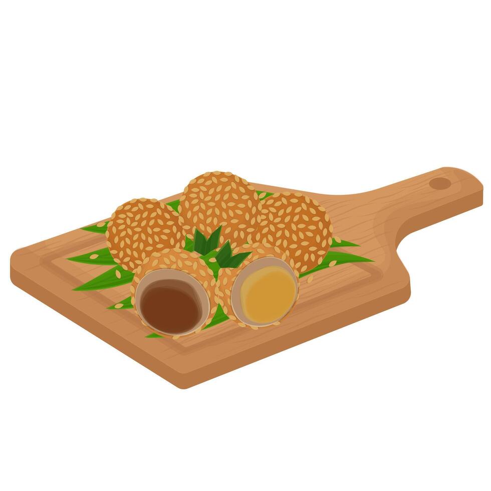 Illustration Logo Clipart Traditional Indonesian Food Onde-onde or Sesame balls on a Wooden board vector