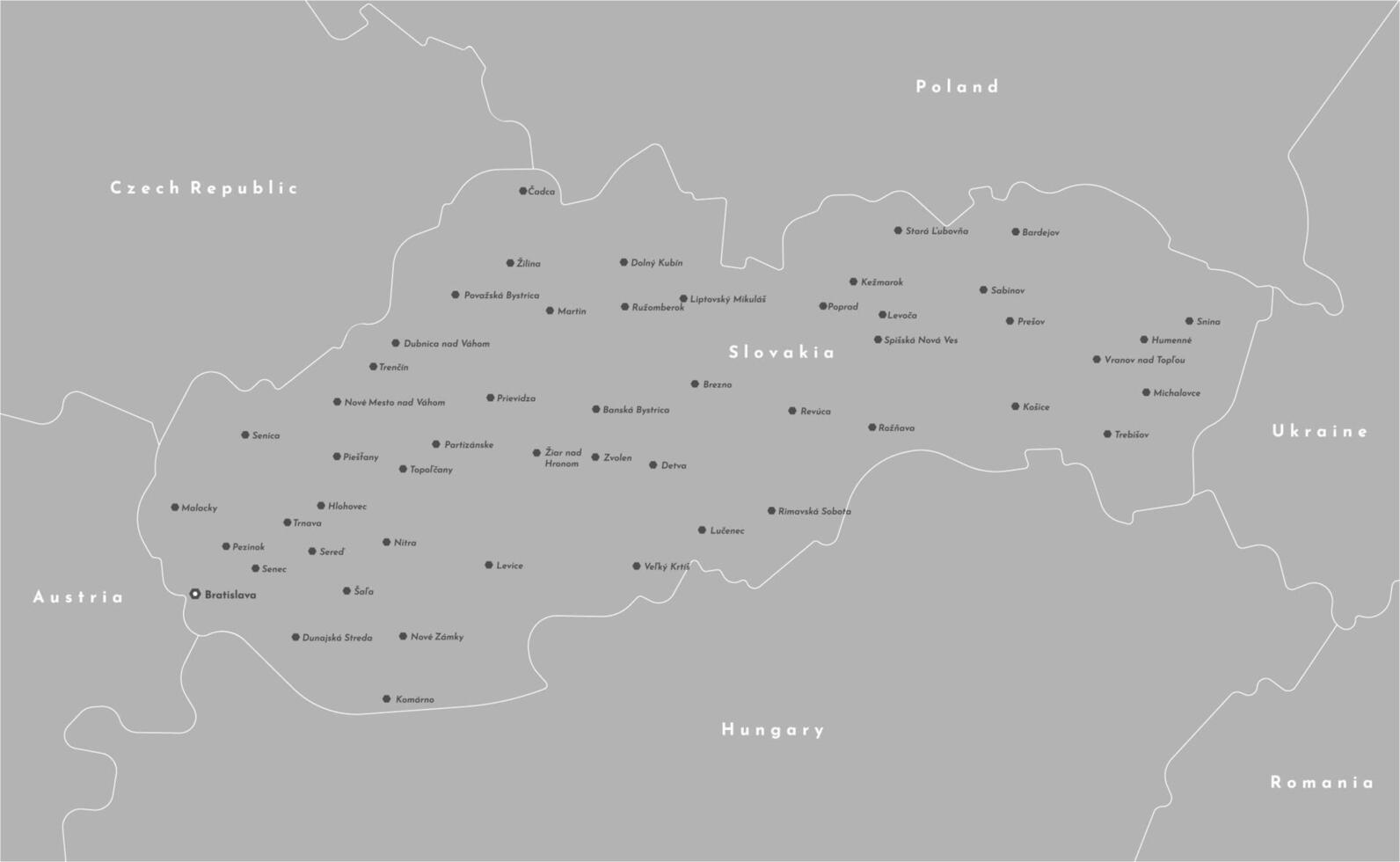 modern illustration. Simplified administrative map of Slovakia. Border with nearest states as Hungary, Poland and etc in grey colors. Names of cities and countries vector