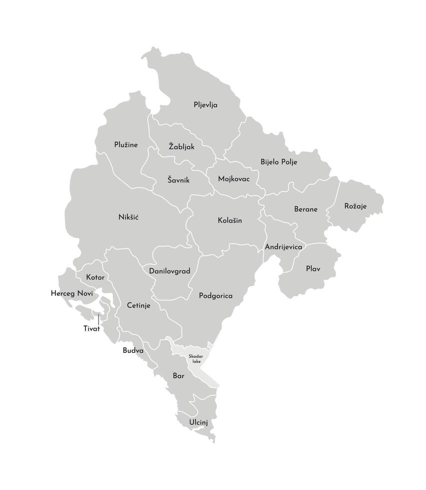 isolated illustration of simplified administrative map of Montenegro. Borders and names of the provinces, regions. Grey silhouettes. White outline. vector