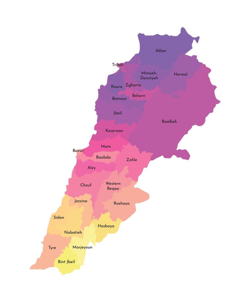 isolated illustration of simplified administrative map of Lebanon. Borders and names of the districts. Multi colored silhouettes. vector