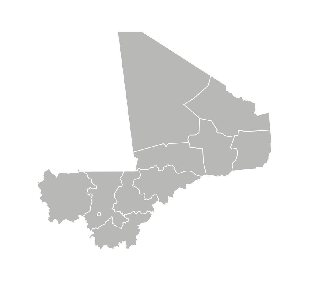 isolated illustration of simplified administrative map of Mali. Borders of the regions. Grey silhouettes. White outline. vector