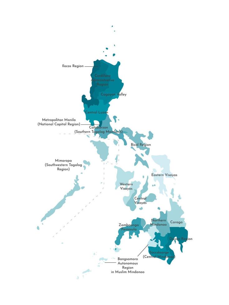 isolated illustration of simplified administrative map of Philippines. Borders and names of the regions. Colorful blue khaki silhouettes vector