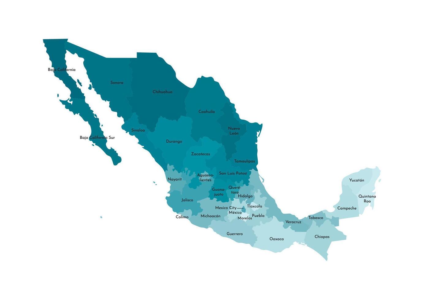 isolated illustration of simplified administrative map of Mexico, United Mexican States. Borders and names of the regions. Colorful blue khaki silhouettes vector