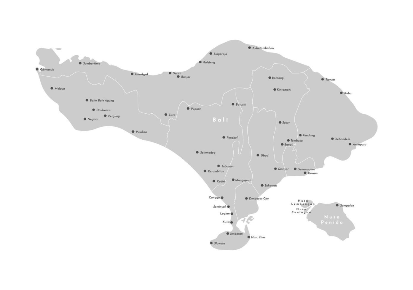 Isolated illustration. Simplified grey administrative map of Bali, Indonesia. Border with nearest islands Nusa Penida. White background. Names of cities, villages vector