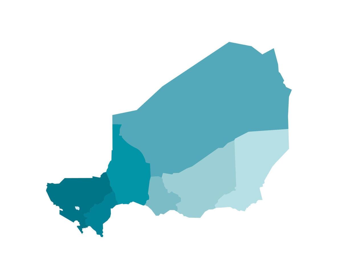isolated illustration of simplified administrative map of Niger. Borders of the regions. Colorful blue khaki silhouettes vector