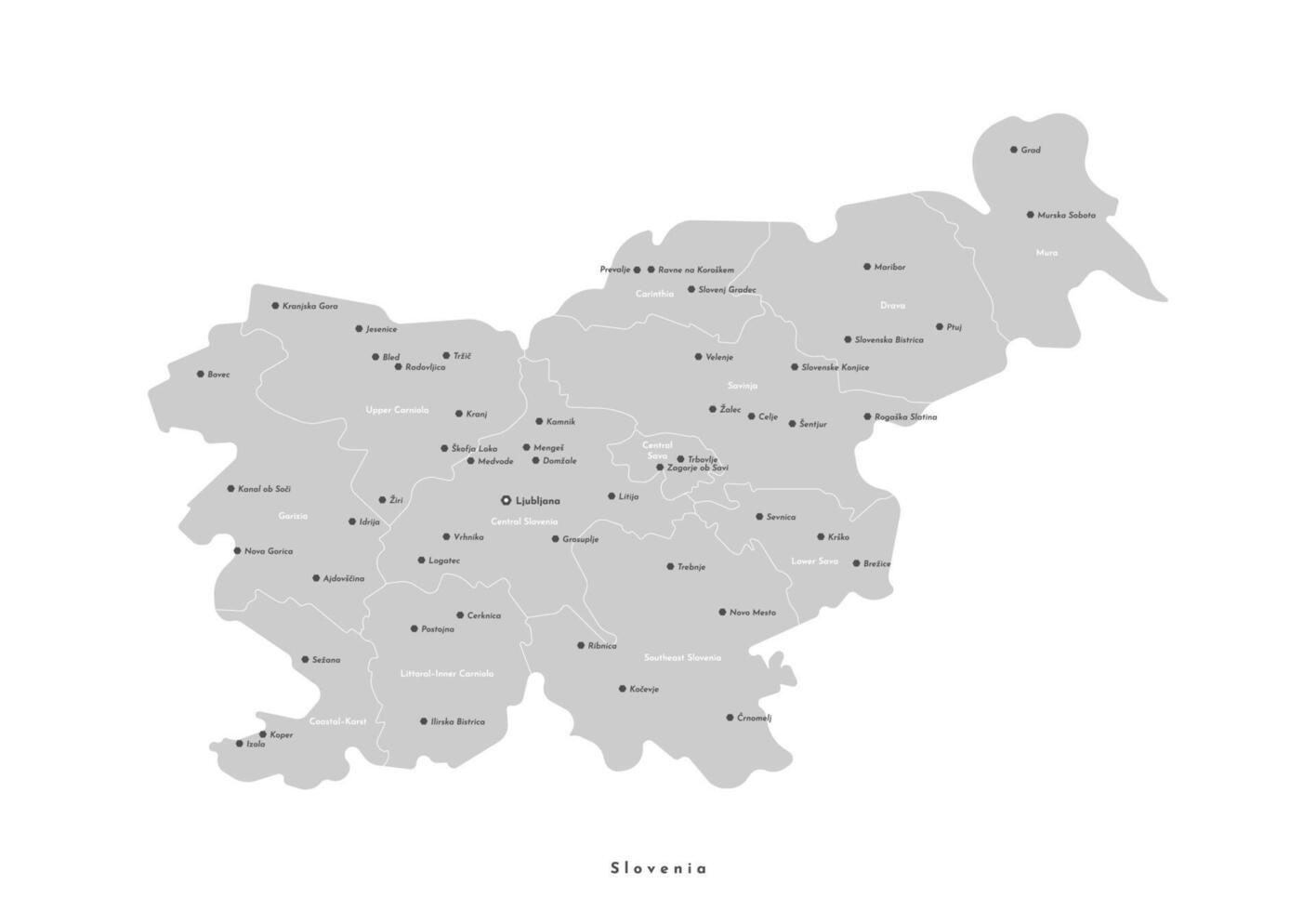 isolated illustration. Simplified administrative map of Slovenia. Grey shapes of regions. Names of cities vector